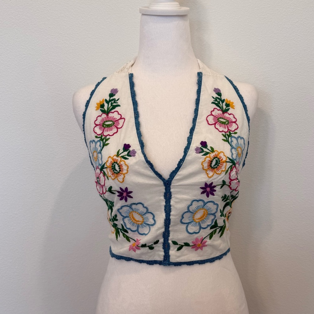 Free People Lucy Mae Floral Embroidered Halter Crop Top Festival Boho Medium